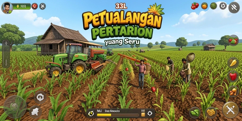 Screenshot gameplay 33L menampilkan suasana pertanian yang hidup.