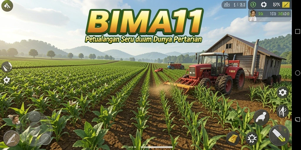 Screenshot utama BIMA11 menampilkan gameplay pertanian yang menarik.