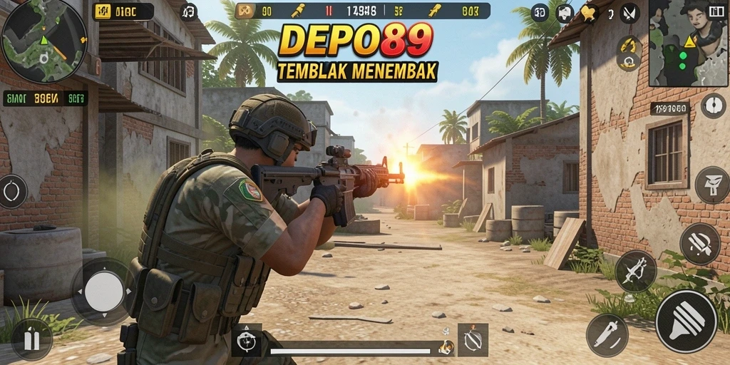 Screenshot gameplay DEPO89 menampilkan aksi tembak-menembak yang intens.