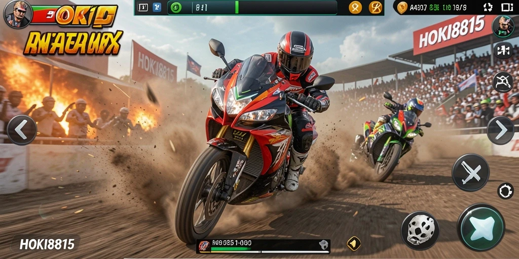 Screenshot gameplay HOKI8815 menampilkan balapan motor yang mendebarkan.