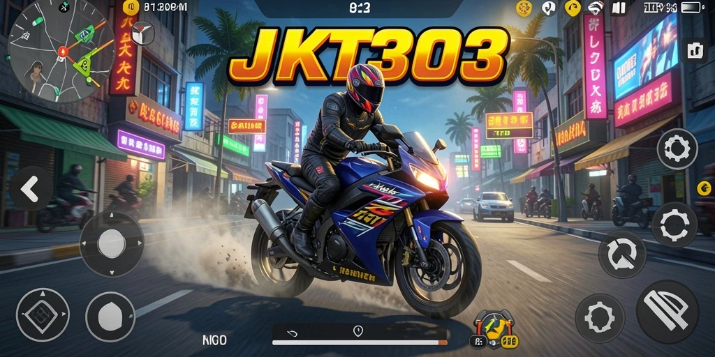 Screenshot utama JKT303 menampilkan aksi balapan motor yang mendebarkan.
