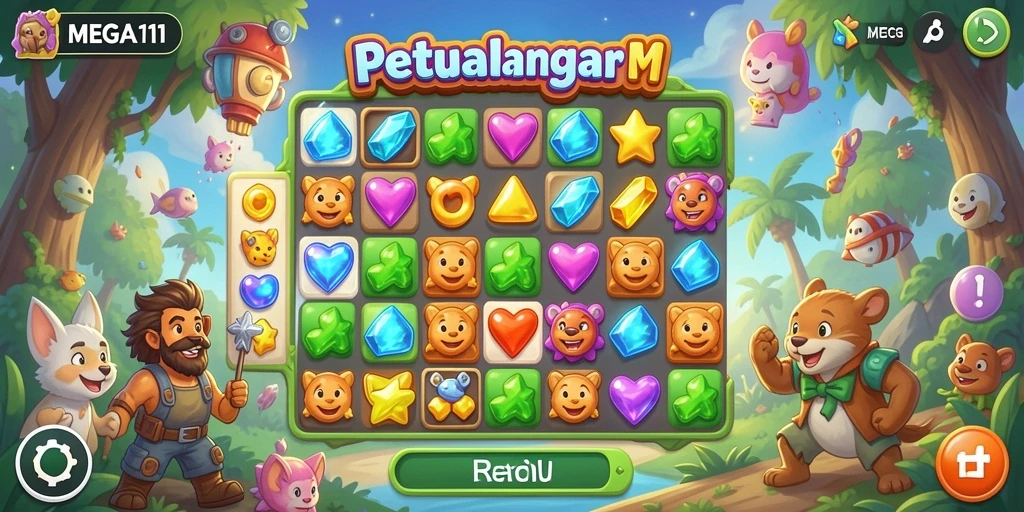 Tampilan gameplay seru MEGA111 dalam suasana Match-3 yang penuh warna.