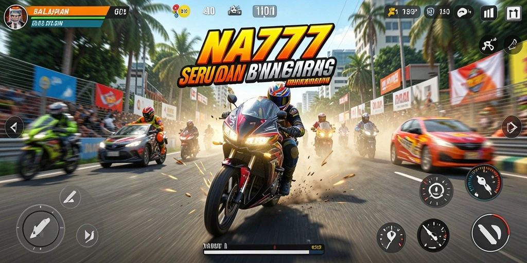 Tangkapan layar gameplay NA777 dengan aksi balapan motor yang mendebarkan.