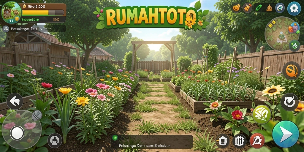 Screenshot gameplay menunjukkan kebun yang rimbun dan aktif.