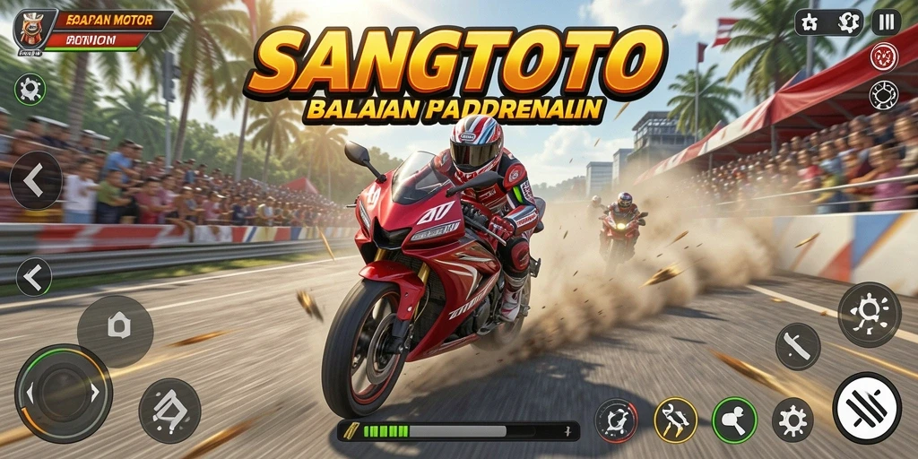 Screenshot gameplay SANGTOTO menampilkan aksi balapan motor yang mendebarkan.
