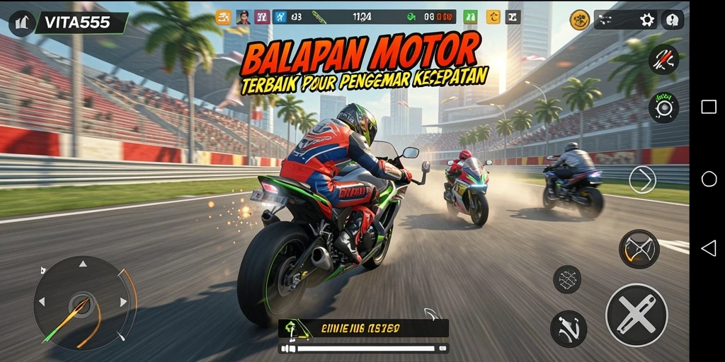 Tampilan menarik dari gameplay balapan motor VITA555.